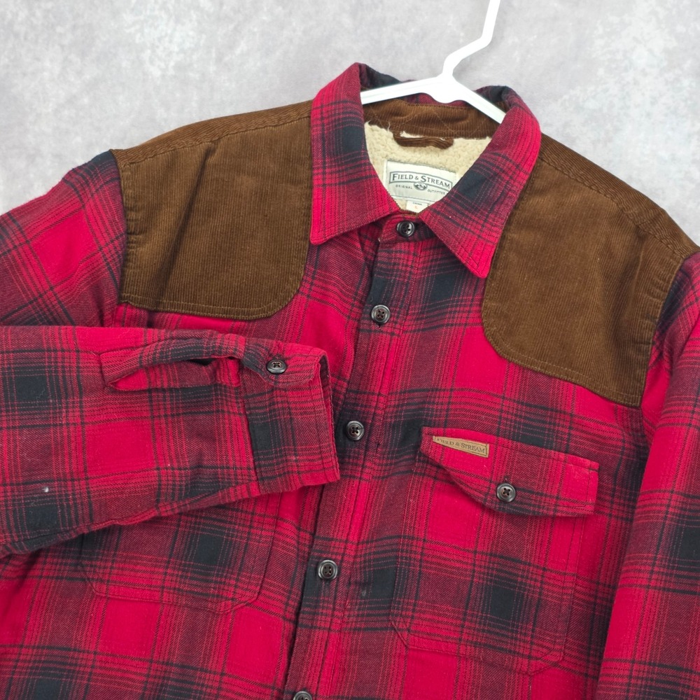 Field & Stream Mens Red Black Plaid Sherpa Lined Flannel Shirt Jacket Large